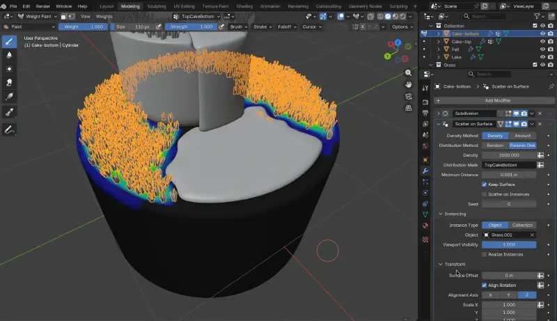 Le weight paint qui permet de définir les zones où l’herbe apparaît